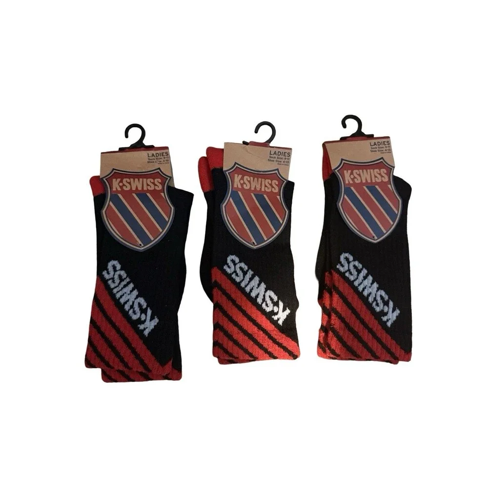 K Swiss Crew Socks Lot 3 Ladies 4-10 Black Red Athletic Sport NWT
